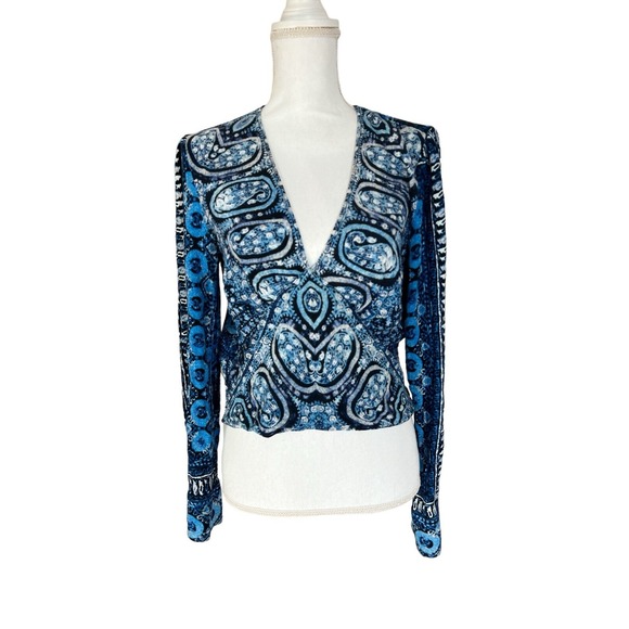 Free People Womens‎ Medium Blue Long Sleeve Deep V Neck Cropped Top - Picture 3 of 13